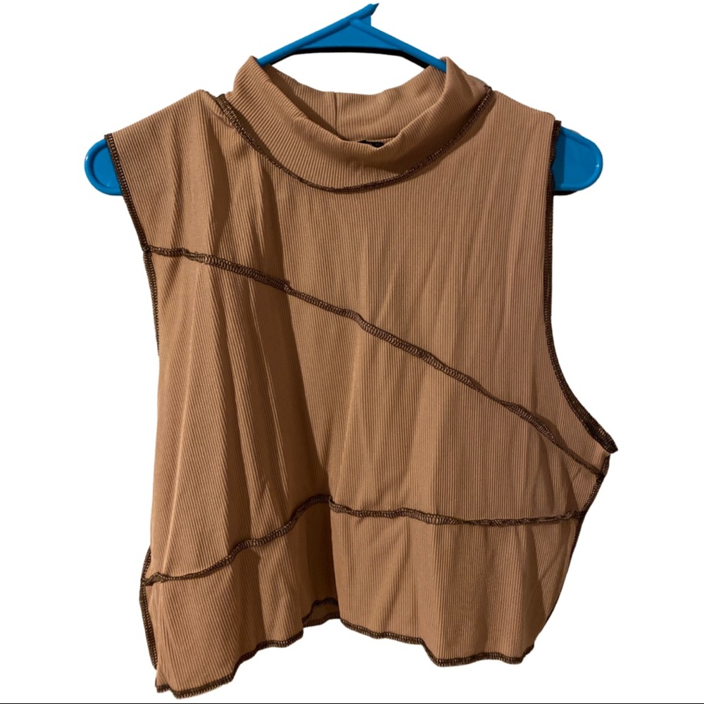 NWT PRETTY LITTLE THING Plus Stone Contrast Stitch Rib High Neck Crop Top